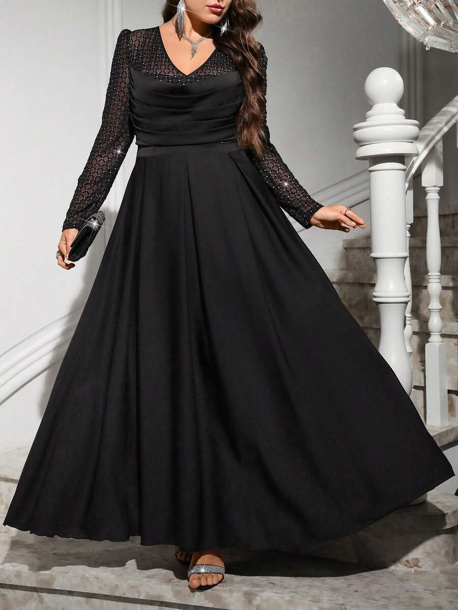 Reflora Plus Size Elegant Party Silver Foil Mesh Patchwork Dress - Black - View 1