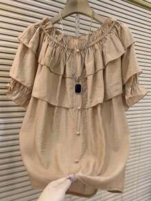 Franclia Blus Ruffle Warna Polos Kasual Musim Panas untuk Wanita - Khaki - View 1