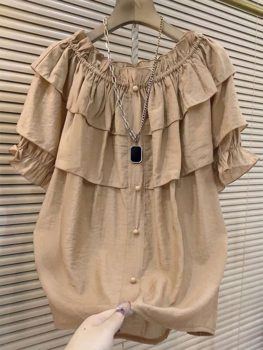 Franclia Blus Ruffle Warna Polos Kasual Musim Panas untuk Wanita - Khaki - View 1
