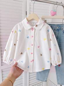 SHEIN Young Girl LMoss 女童寬鬆版型白色布洛克印花翻領休閒襯衫 - 白色 - 查看 2