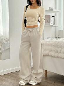 SHEIN EZwear 杏色女士休闲百褶短款上衣和阔腿抽绳腰裤套装 - 杏色 - 查看 5