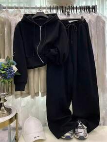Resyla New Women's Casual Loose High Waist Cropped Sweatshirt Wide Leg Pants Zipper Drawstring Sweatshirt Sports Two Pieces Set - Black - View 1