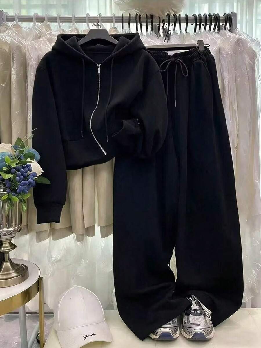 Resyla New Women's Casual Loose High Waist Cropped Sweatshirt Wide Leg Pants Zipper Drawstring Sweatshirt Sports Two Pieces Set - Black - View 1