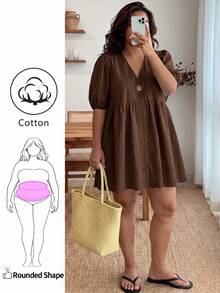 Enliva Plus Size Women's Ruffled Puff Sleeve V-Neck Dress - Brown - View 1
