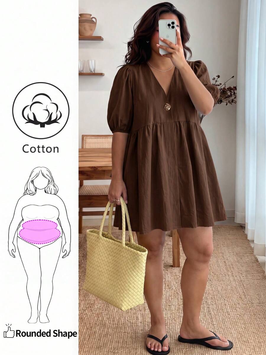 Enliva Plus Size Women's Ruffled Puff Sleeve V-Neck Dress - Brown - View 1
