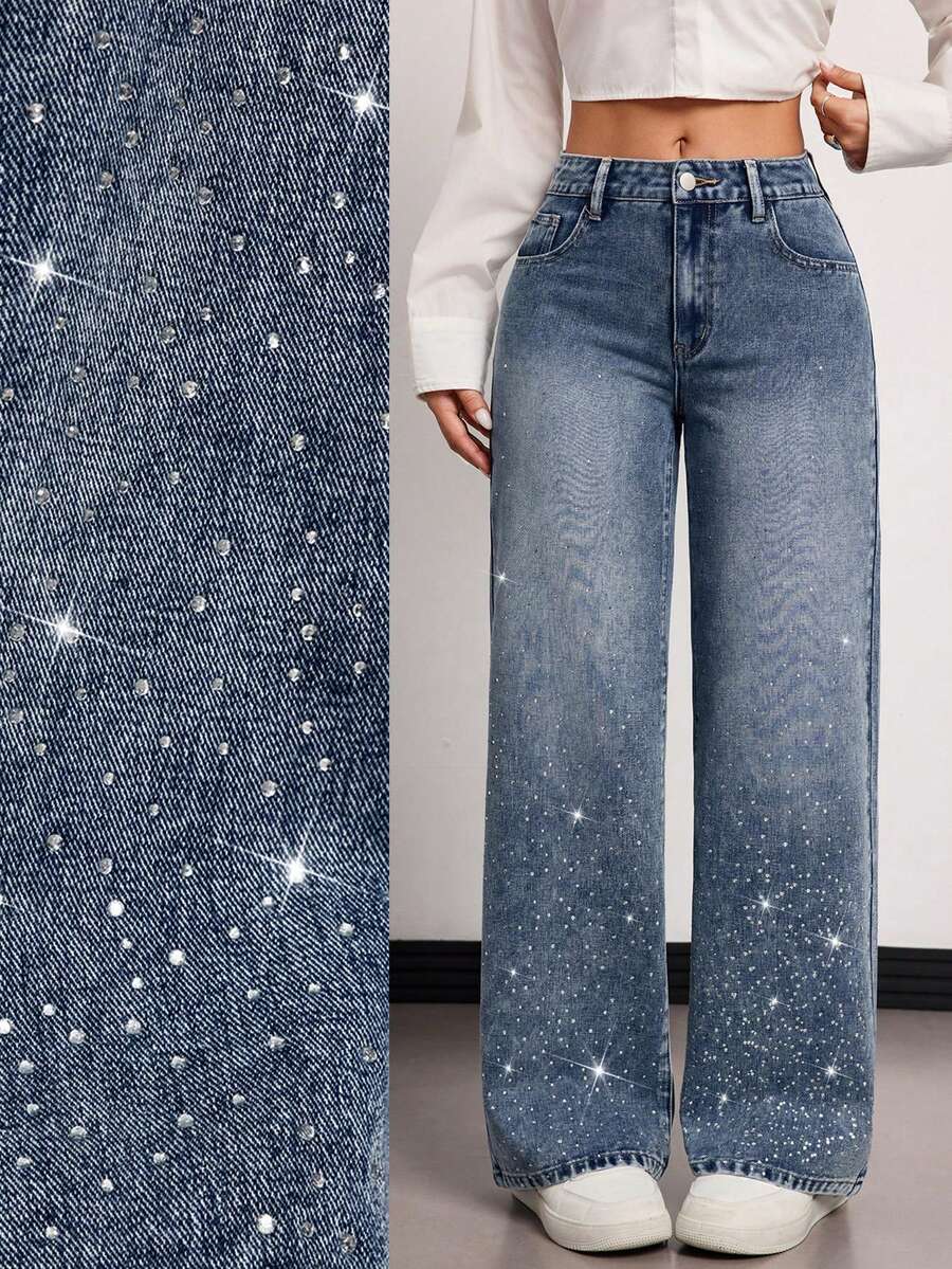 SHEIN Tall 女款水鑽裝飾口袋寬腿寬鬆休閒牛仔褲 秋季