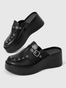 Sugerpunk Sepatu Mules Hak Rivet Retro Wanita, Sol Platform Slip-On Gaya Punk, Sandal Luar Ruangan Serbaguna, Cocok untuk Musim Panas - Hitam - View 1