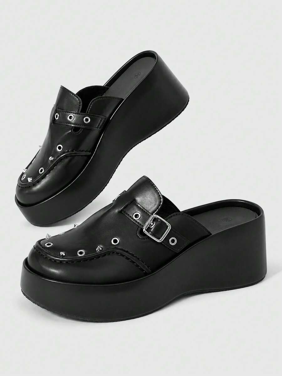 Sugerpunk Sepatu Mules Hak Rivet Retro Wanita, Sol Platform Slip-On Gaya Punk, Sandal Luar Ruangan Serbaguna, Cocok untuk Musim Panas - Hitam - View 1