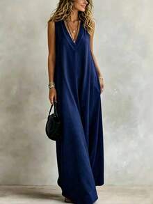 INAWLY Gaun Liburan Minimalis Ukuran Besar Warna Biru Tua dengan Leher V - Navy Blue - View 3