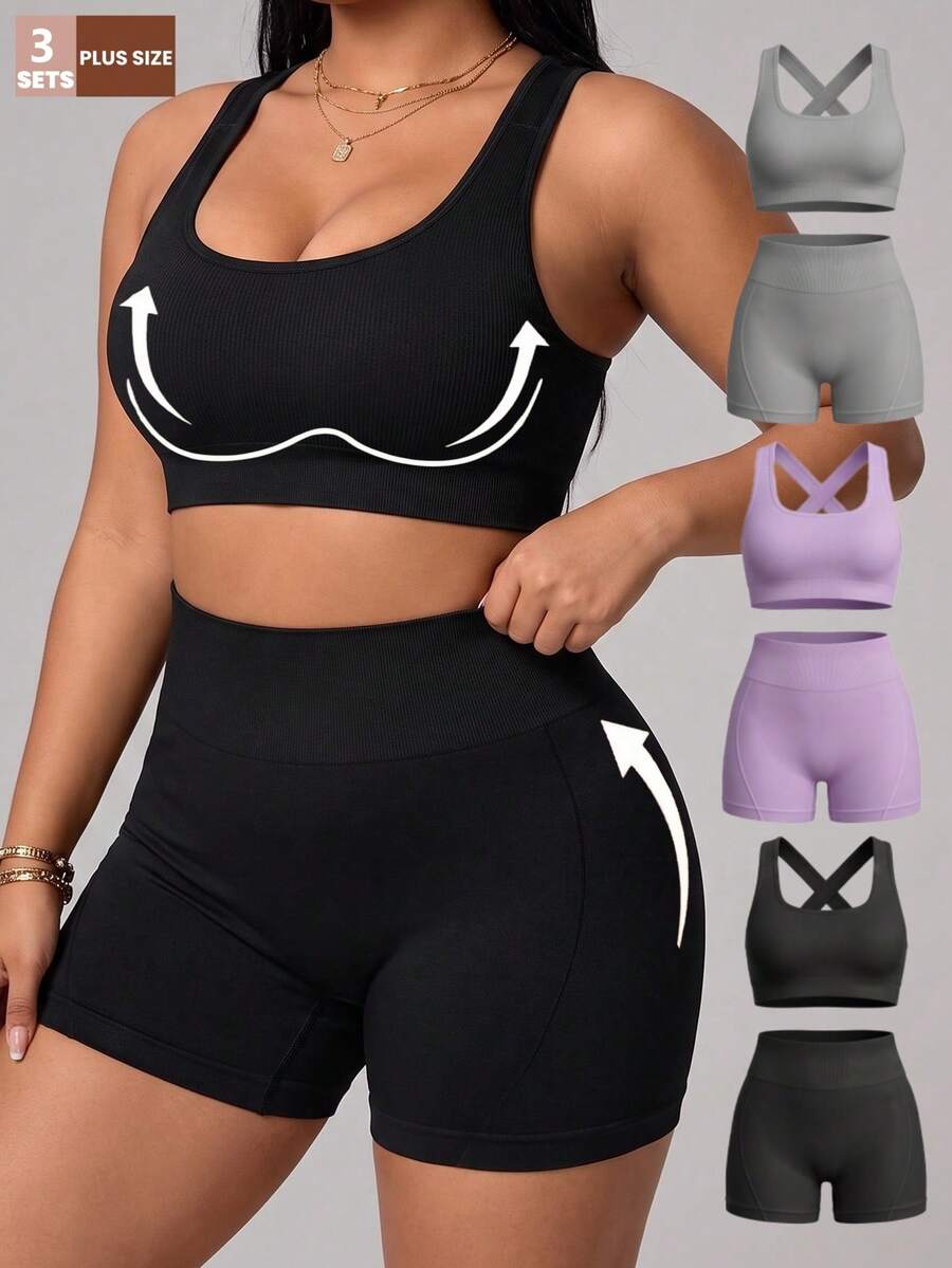 Velisys Velisys Women's Plus Size Solid Color Cropped Top And High Waist Shorts Casual Daily Sports Set - Multicolor - View 1