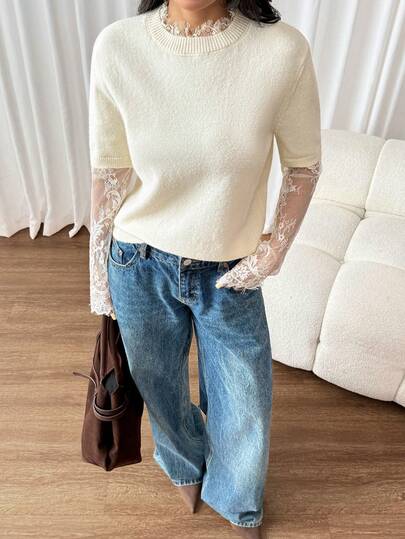 SHEIN PETITE Summer New Beige Lace Patchwork 2 In 1 Fluffy Knit Sweater: Elegant Lace Long Sleeve Round Neck Knit Top, Ideal For Casual Wear Throughout The Seasons.
