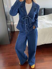 Livesso Lapel Tie Long Sleeve Cinched Waist Denim Blazer With Wide Leg Denim Pants Set Autumn Brunch Blue Casual Streetwear - Blue - View 4