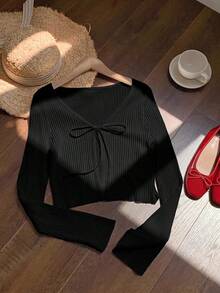 Comfortcana Casual Versatile Solid Color Tie-Front Knit Cardigan - Black - View 3
