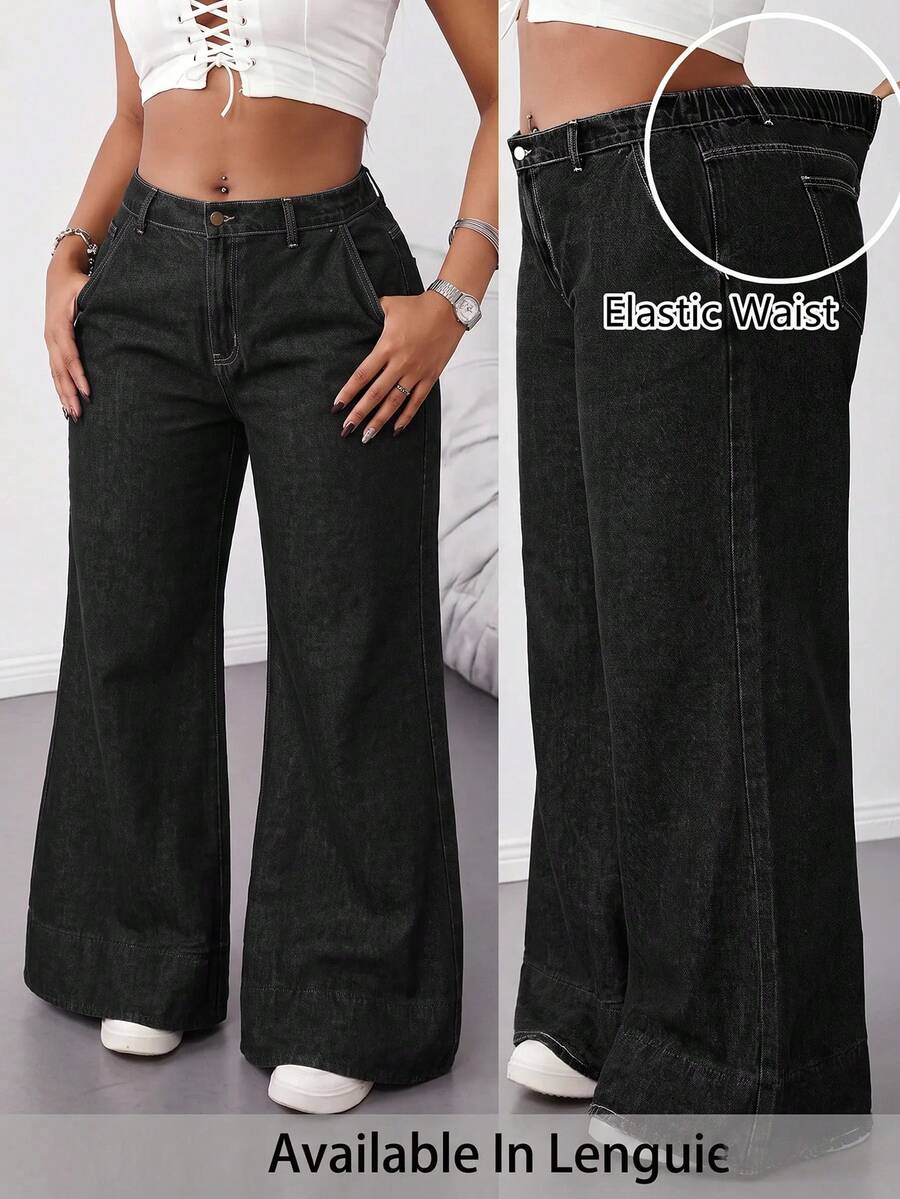 SHEIN Tall CURVE 大尺碼女款高腰直筒寬鬆休閒百搭牛仔褲,附口袋,牛仔女裝,適合秋季度假與演唱會穿搭 - 黑色 - 查看 1