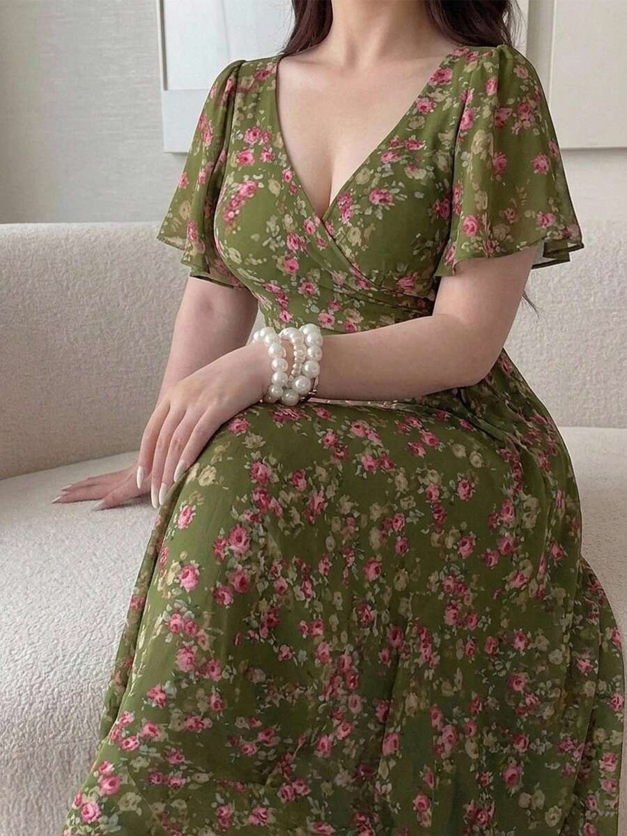 Vibekara Robe élégante minimaliste sexy à col en V et taille cintrée pour femmes grandes tailles, convient pour les sorties d'été et le port quotidien - Multicolore - Voir 1