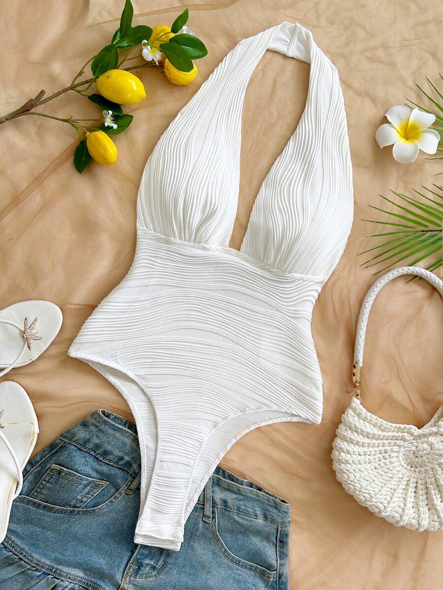 Soleia Women's Solid Color Deep V-Neck Textured Sexy Halter Neck Bodysuit - White - View 1