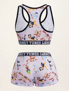LOONEY TUNES X SHEIN 女款字母印花背心內衣套裝 - 粉色 - 查看 2