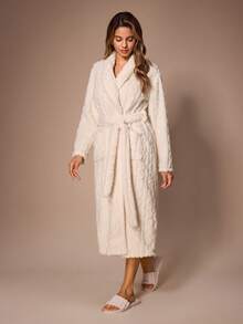 Lazeform Women's Thickened Jacquard Fleece Tie-Front Long Sleeve Lapel Pocket Lounge Robe, Autumn/Winter - Beige - View 3