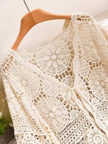 CosyJoli Plus Size Water-Soluble Lace Knit Tie-Front Cardigan Fall/Winter - Apricot - View 6