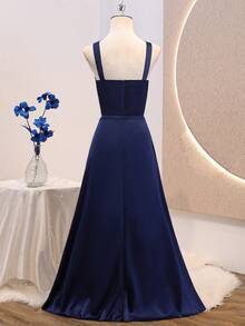Teen Elegant Luxurious Summer Navy Blue Satin Halter Neck Fitted Dress, Suitable For Evening Party, Banquet, Christmas, Wedding, Flower Girl, Prom, Vacation, Graduation Season, Back To School And Other Occasions - Navy Blue - View 3