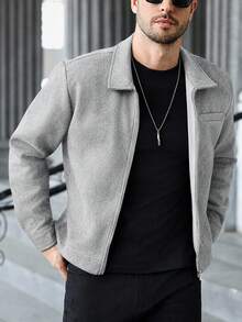 Manfinity Homme جاكيت صوف رجالي بلون موحد كاجوال متعدد الاستخدامات للارتداء اليومي - رمادي فاتح - مشاهدة 6