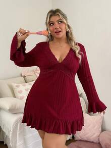 Slumberry CURVE Sweet Romantic Hollow Lace Cross Patchwork Comfortable Brushed Thick Ribbed Knit Slim Fit Flattering Ruffle Hem Plus Size Nightgown - Burgundy - View 6