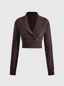 ROMWE Autumn/Winter Vintage Y2K Double-Breasted All-Match Versatile Slim Fit Retro Collegiate Cable Knit Women's Cardigan - Brown - View 1