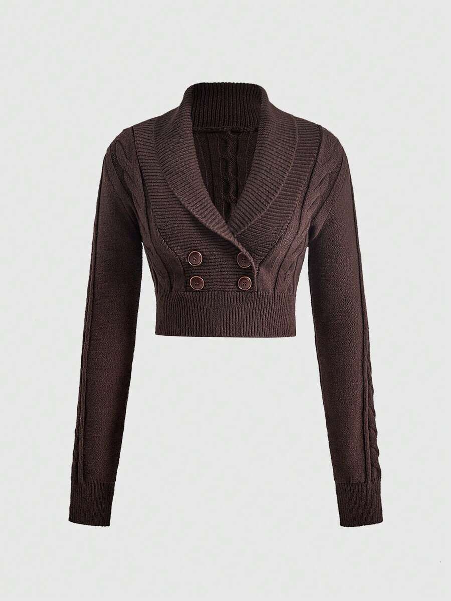 ROMWE Autumn/Winter Vintage Y2K Double-Breasted All-Match Versatile Slim Fit Retro Collegiate Cable Knit Women's Cardigan - Brown - View 1