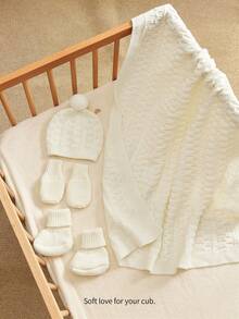 Infant Twisted Knitted Swaddle Set, Twist Textured Baby Blanket With Hairball Hat, Anti-Grab Gloves, Foot Socks, Four-Piece Set, Full Moon One-Year-Ol - Multicolor - View 6