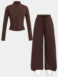 SHEIN Conjunto de chaqueta y pantalones de unicolor casual para niña preadolescente - Marrón - Ver 2