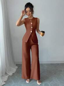 SHEIN Raffinéa 女款法式優雅度假休閒通勤金屬花朵鈕扣套裝 - 棕色 - 查看 5