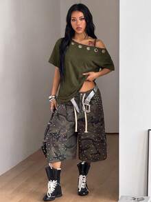 Coolane 女款秋季街頭風 Y2K 骷髏圖案萬聖節外出套裝 寬鬆版 - 軍綠色 - 查看 6