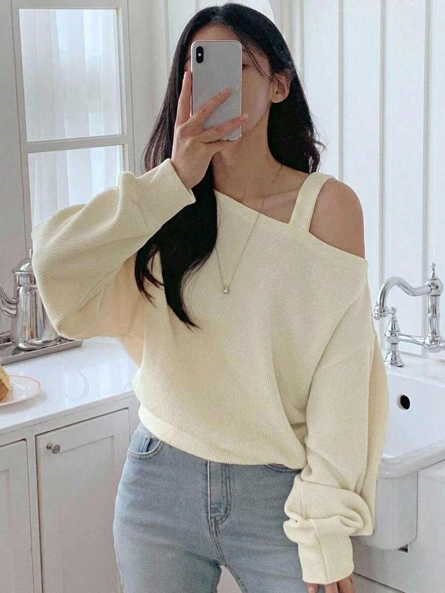 Dazy Kids Teen Girl Autumn Casual Solid Color Asymmetric Collar T-Shirt - Apricot - View 1