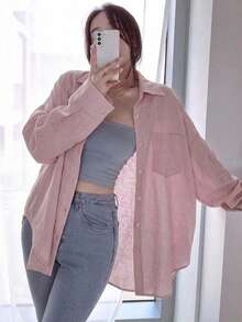 DAZY Women's Solid Color Regular Collar Oversized Loose Fit Shirt - Pink - View 2