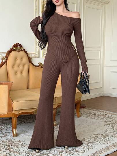 DAZY Women's Solid Color Asymmetric Collar Sweater & Flared Pants 2pcs Set