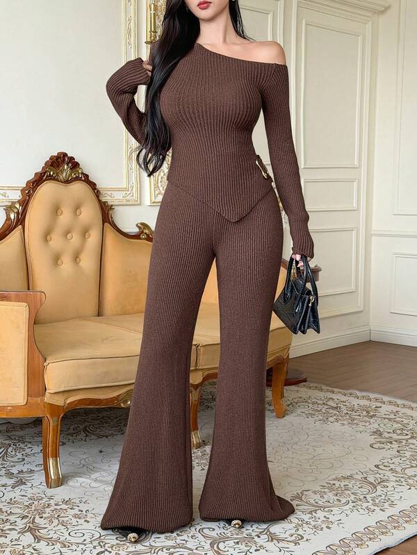 DAZY Autumn Asymmetrical Neck Long Sleeve Slim Fit Sweater & Long Flare Pants Coffee Color Elegant Women's 2 Pieces Set