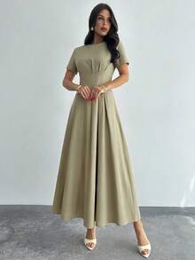 Firerie 女士新款多功能褶皱浅杏色休闲优雅仿亚麻面料连衣裙，适合度假、海滩、办公室、日常休闲穿着/节日/毕业典礼/商务休闲/吊带裙 - 卡其色 - 查看 4