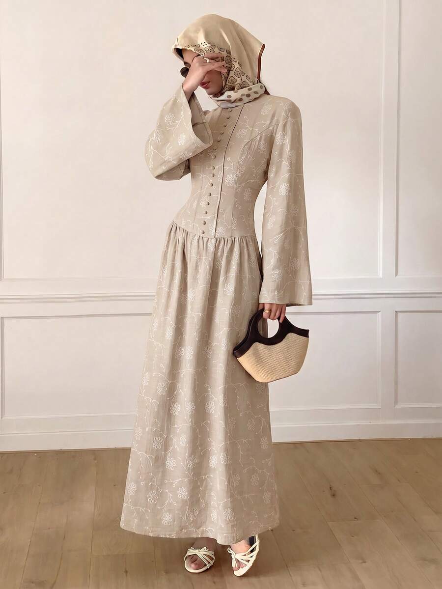 Solavon Women's Elegant Cottage Core Modest Floral Embroidered Midi Dress Garden Party Vacation Brunch Tea Night Beige Fall