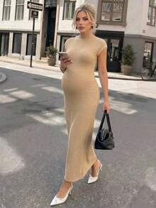 SHEIN Vestido de Suéter Casual de Cor Sólida para Uso Diário, Verão, Outono, Halloween, Casual, Looks para Sair, Outono, Mulheres Grávidas - Castanho - Visão 1