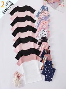 Tween Girl Navy Blue Flamingo Print Long Pants And Short Sleeve T-Shirt Casual Pajama Set 2pcs - Multicolor - View 4