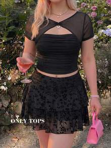 SHEIN MOD Plus Women's Black Sheer Mesh Patchwork Ruched T-Shirt Butterfly Detail Short Sleeve Round Neck Slim Fit Top For Spring Party - Black - View 3