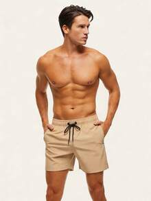 Manfinity KASUA Men's Drawstring Waist Zipper Pocket Beach Shorts, Holiday - Khaki - View 6