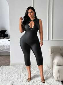 SHEIN SXY Plus Size Sexy Cutout Eyelet PU Material One-Piece Capris - Black - View 6