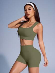 SHEIN Sovereign Charm 女款素色羅紋運動背心與短褲套裝 - 橄欖綠 - 查看 3