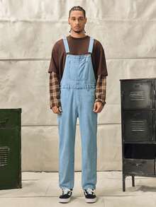 Men's Casual Outdoor Denim Bib Pants - Medium Wash - View 4
