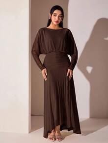 Veilorie Women's Elegant Solid Color Long Dress For Party - Coffee Brown - View 3