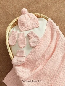 Infant Twisted Knitted Swaddle Set, Twist Textured Baby Blanket With Hairball Hat, Anti-Grab Gloves, Foot Socks, Four-Piece Set, Full Moon One-Year-Ol - Multicolor - View 2