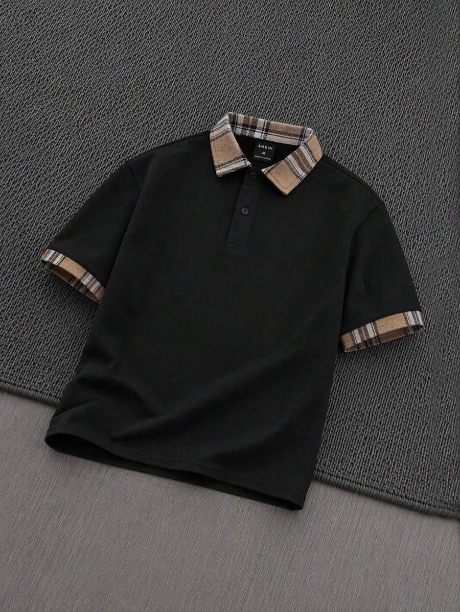 Manfinity VCAY 男士騎士刺繡短袖 Polo 衫,休閒 Johnny 領套頭衫,純色夏季通勤 T-shirt,父親節禮物,足球 - 銀色 - 查看 1