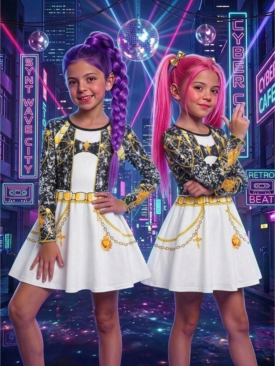 少女韓系K-Pop圓領長袖洋裝,適合假期表演、嘉年華、萬聖節 - 彩色 - 查看 1