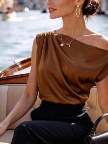 SHEIN LUNE CURVE Plus Size Premium Satin Asymmetrical Shoulder Top, Flattering And Elegant - Brown - View 1